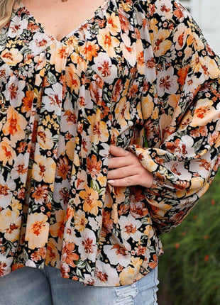Plus Size Floral V-Neck Balloon Sleeve Blouse - MimiStylez