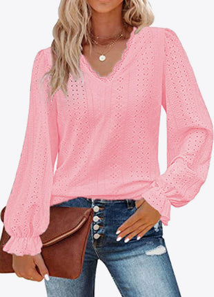Eyelet V-Neck Flounce Sleeve Blouse - MimiStylez