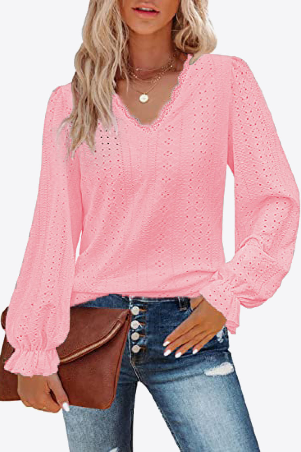 Eyelet V-Neck Flounce Sleeve Blouse