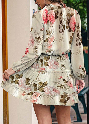 Printed Tie Neck Long Sleeve Dress - MimiStylez