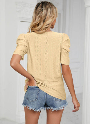 Eyelet Puff Sleeve Round Neck Blouse - MimiStylez