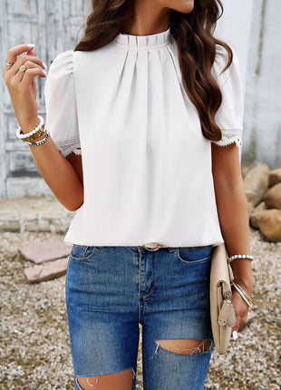 Ruched Mock Neck Short Sleeve Blouse - MimiStylez