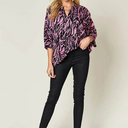 Double Take Full Size Printed Notched Three-Quarter Sleeve Blouse - MimiStylez