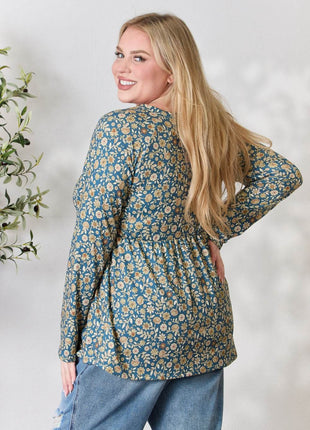 Heimish Full Size Floral Half Button Long Sleeve Blouse - MimiStylez
