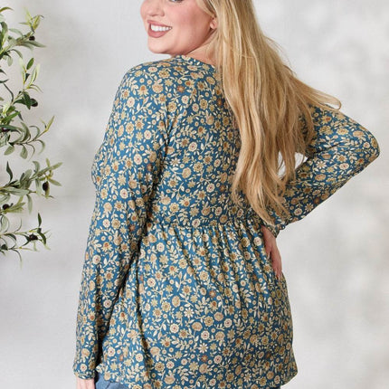 Heimish Full Size Floral Half Button Long Sleeve Blouse - MimiStylez