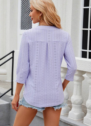 Eyelet Notched Knit Jacquard Top - MimiStylez