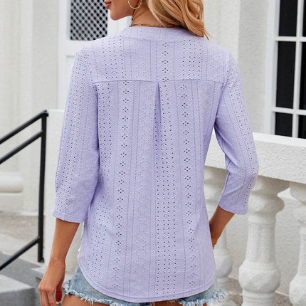 Eyelet Notched Knit Jacquard Top - MimiStylez