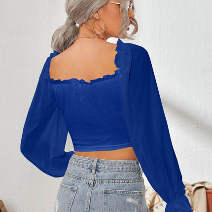 Mesh Sweetheart Neck Flounce Sleeve Top - MimiStylez
