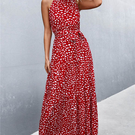 Printed Sleeveless Tie Waist Maxi Dress - MimiStylez