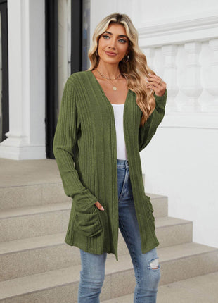 Pocketed Open Front Long Sleeve Cardigan - MimiStylez