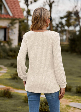 Round Neck Button-Down Long Sleeve Tee - MimiStylez