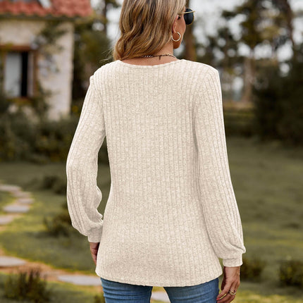 Round Neck Button-Down Long Sleeve Tee - MimiStylez