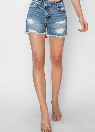 RISEN Stepped Waist Frayed Denim Shorts - MimiStylez