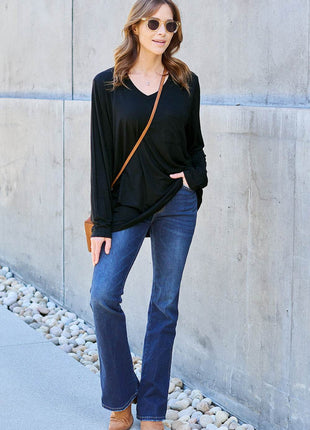 Basic Bae Full Size V-Neck Long Sleeve Top - MimiStylez