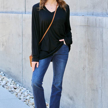 Basic Bae Full Size V-Neck Long Sleeve Top - MimiStylez