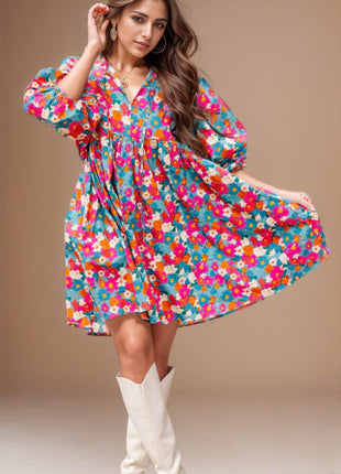 Floral Tie Neck Puff Sleeve Mini Dress - MimiStylez