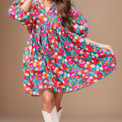 Floral Tie Neck Puff Sleeve Mini Dress - MimiStylez