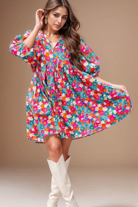 Floral Tie Neck Puff Sleeve Mini Dress - MimiStylez