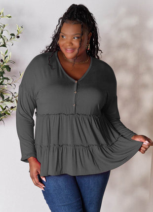 Double Take Half Button Long Sleeve Ruffle Hem Blouse - MimiStylez