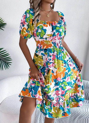Ruffled Hem Smocked Floral Short Sleeve Midi Dress - MimiStylez