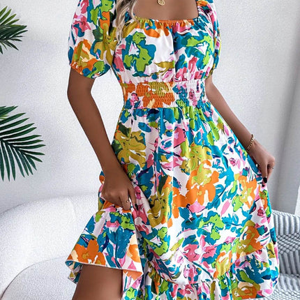 Ruffled Hem Smocked Floral Short Sleeve Midi Dress - MimiStylez