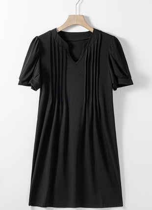 Pin-Tuck Notched Short Sleeve Dress - MimiStylez