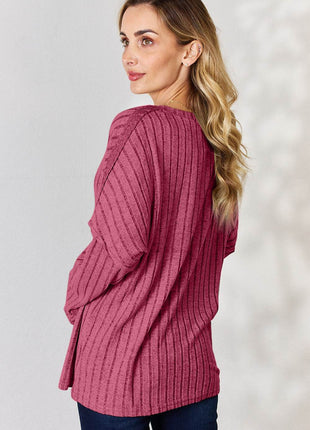 Basic Bae Full Size Ribbed Half Button Long Sleeve T-Shirt - MimiStylez