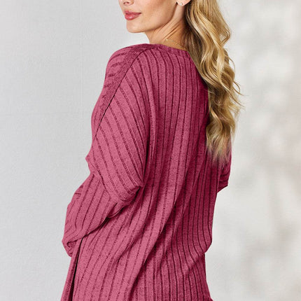 Basic Bae Full Size Ribbed Half Button Long Sleeve T-Shirt - MimiStylez