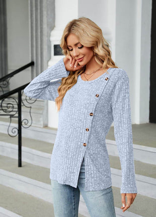 Buttoned Long Sleeve Slit Top - MimiStylez