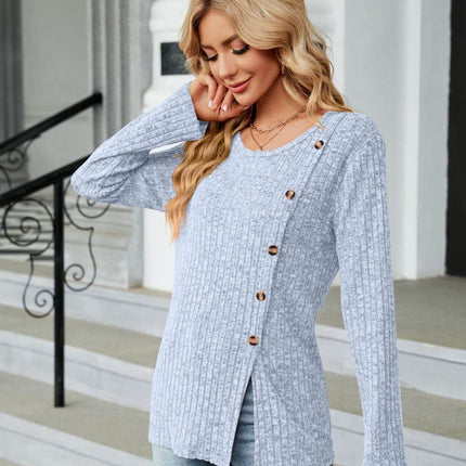 Buttoned Long Sleeve Slit Top - MimiStylez