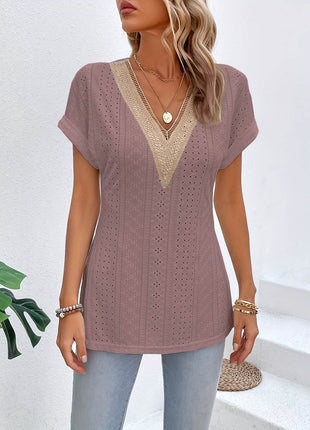 Slit Eyelet V-Neck Short Sleeve Blouse - MimiStylez