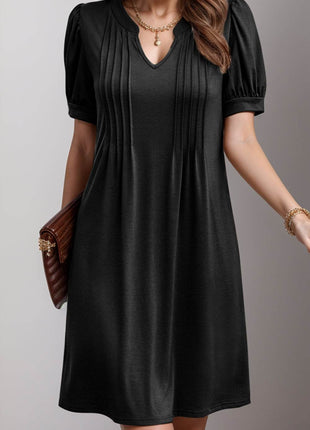 Pin-Tuck Notched Short Sleeve Dress - MimiStylez