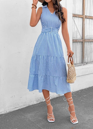 Striped Johnny Collar Sleeveless Midi Dress - MimiStylez