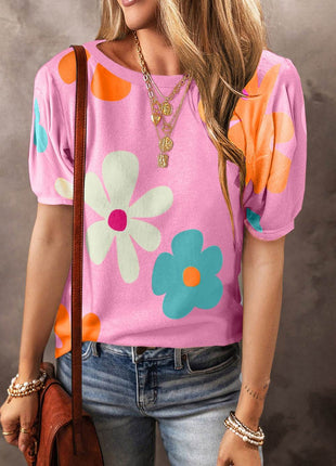 Flower Round Neck Short Sleeve Blouse - MimiStylez