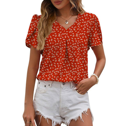 Women's Casual V-neck Chiffon Shirt Puffed Sleeve - MimiStylez