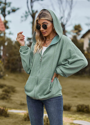 Zip Up Drawstring Long Sleeve Hooded Jacket - MimiStylez