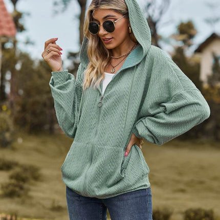 Zip Up Drawstring Long Sleeve Hooded Jacket - MimiStylez