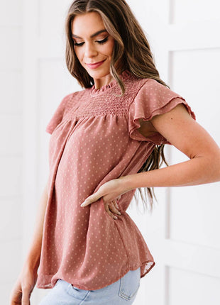 Polka Dot Smocked Flutter Sleeve Blouse - MimiStylez