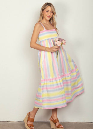 VERY J Striped Woven Smocked Midi Cami Dress - MimiStylez