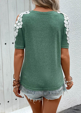 Lace Detail Round Neck Short Sleeve T-Shirt - MimiStylez