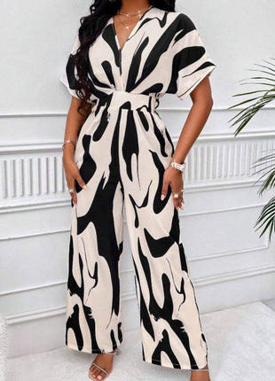 Printed V-Neck Short Sleeve Wide Leg Jumpsuit - MimiStylez