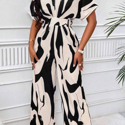 Printed V-Neck Short Sleeve Wide Leg Jumpsuit - MimiStylez