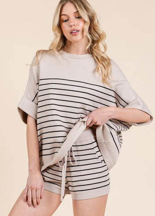 Lime 'N' Chili Striped Folded Half Sleeve Top and Shorts Set - MimiStylez
