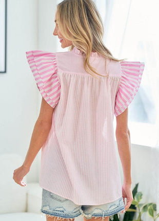 First Love Full Size Striped Flutter Sleeve Blouse - MimiStylez