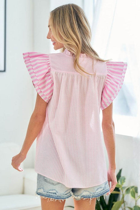 First Love Full Size Striped Flutter Sleeve Blouse - MimiStylez