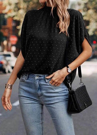 Swiss Dot Mock Neck Half Sleeve Blouse - MimiStylez