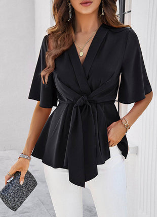 Surplice Tie Waist Half Sleeve Blouse - MimiStylez
