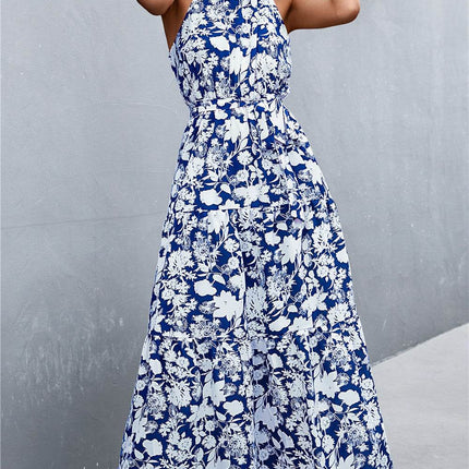 Printed Sleeveless Tie Waist Maxi Dress - MimiStylez