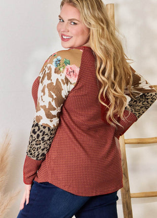 Hailey & Co Full Size Leopard Waffle-Knit Blouse - MimiStylez