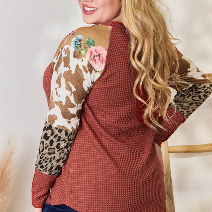 Hailey & Co Full Size Leopard Waffle-Knit Blouse - MimiStylez